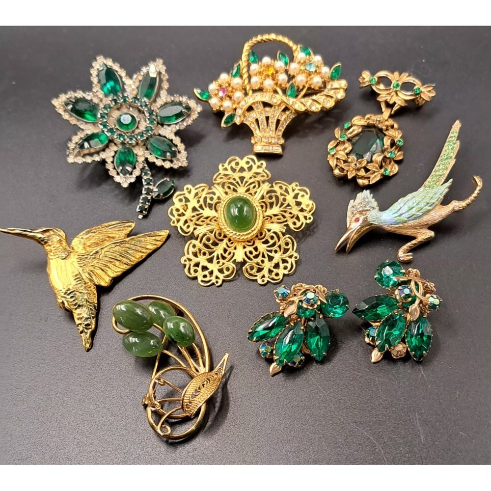 Vintage Green Rhinestone Jade Brooch Pin Lot